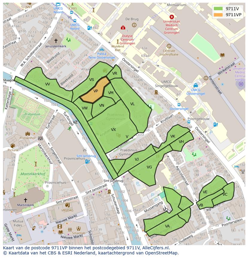Afbeelding van het postcodegebied 9711 VP op de kaart.