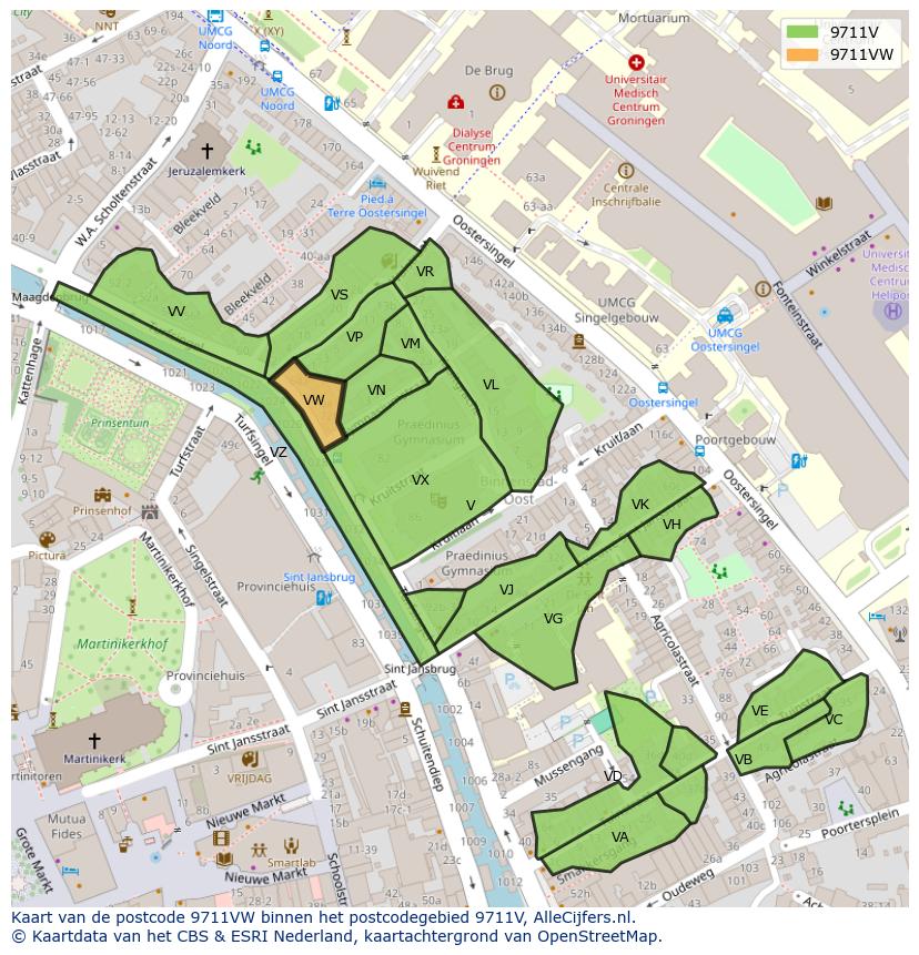 Afbeelding van het postcodegebied 9711 VW op de kaart.