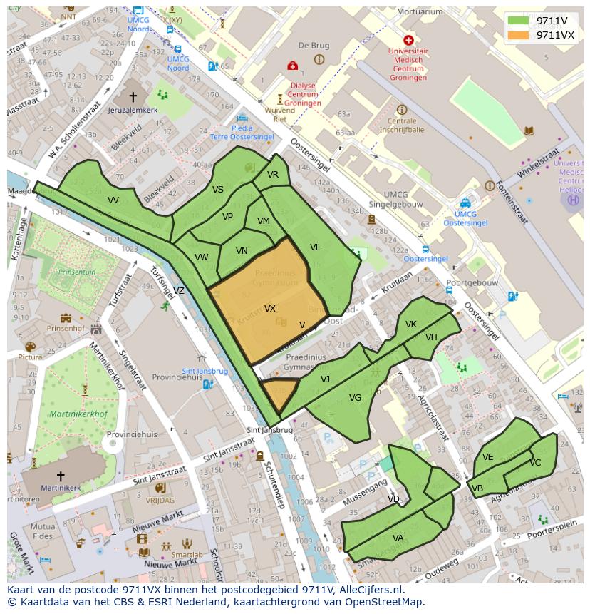 Afbeelding van het postcodegebied 9711 VX op de kaart.