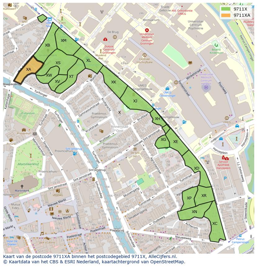Afbeelding van het postcodegebied 9711 XA op de kaart.