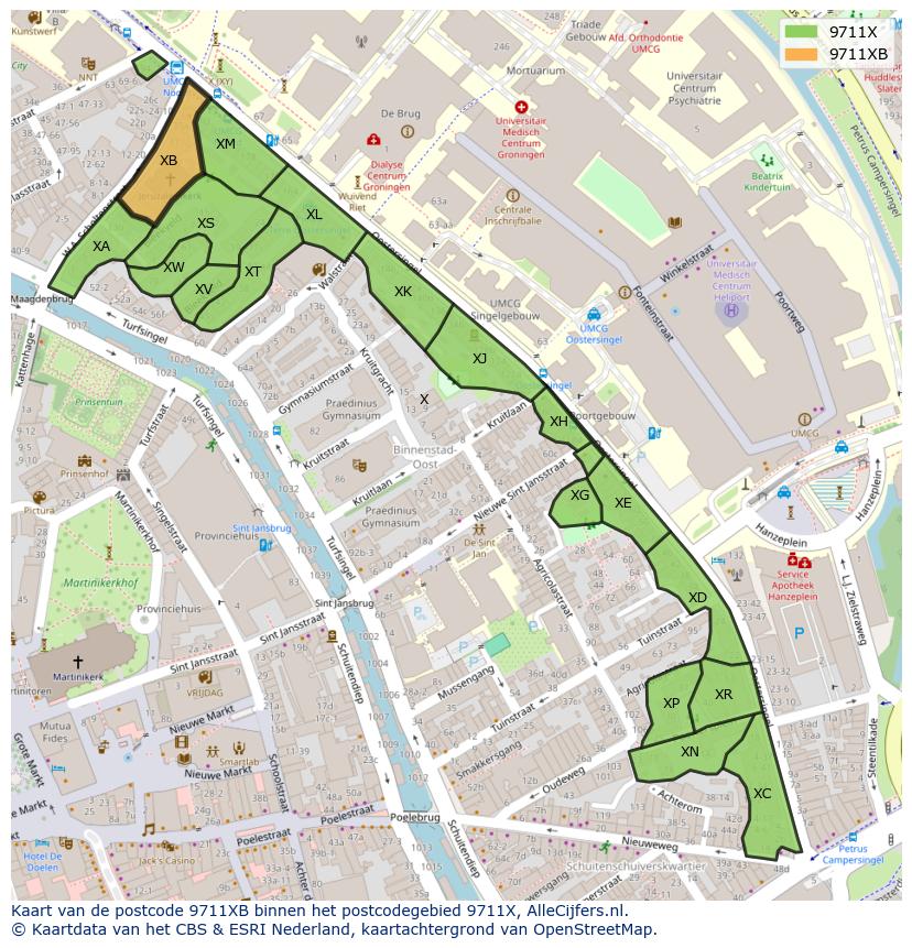 Afbeelding van het postcodegebied 9711 XB op de kaart.