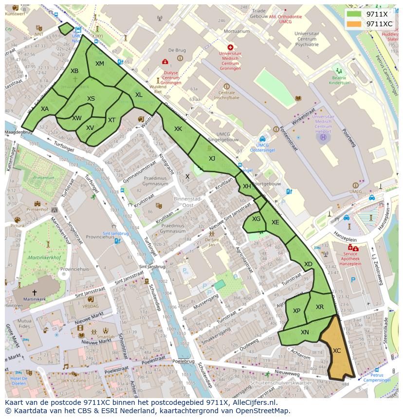 Afbeelding van het postcodegebied 9711 XC op de kaart.