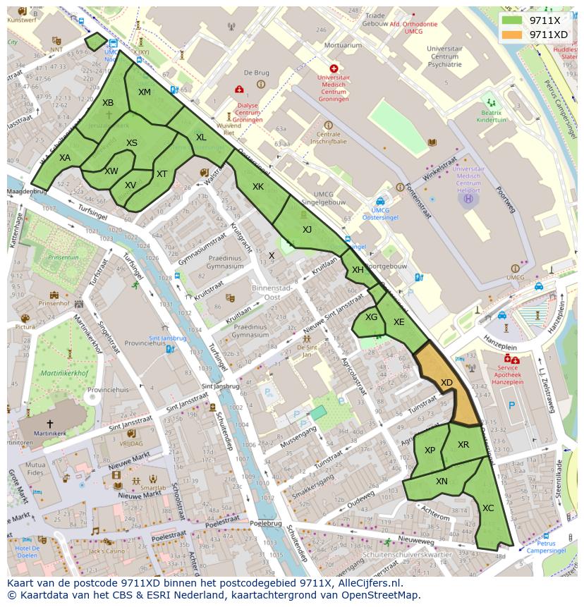Afbeelding van het postcodegebied 9711 XD op de kaart.