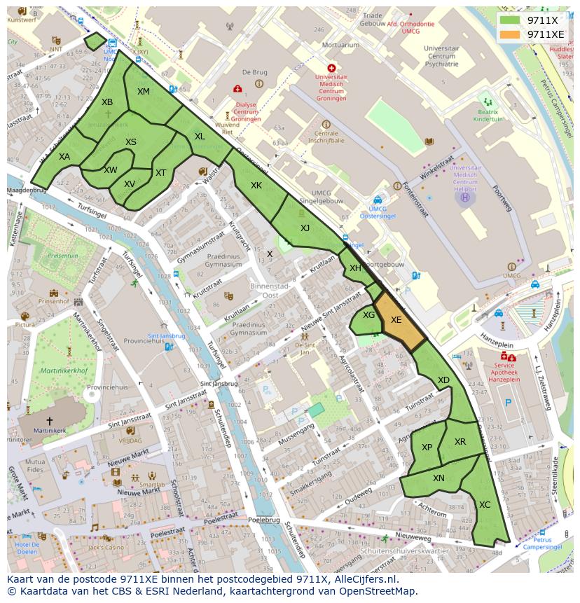 Afbeelding van het postcodegebied 9711 XE op de kaart.