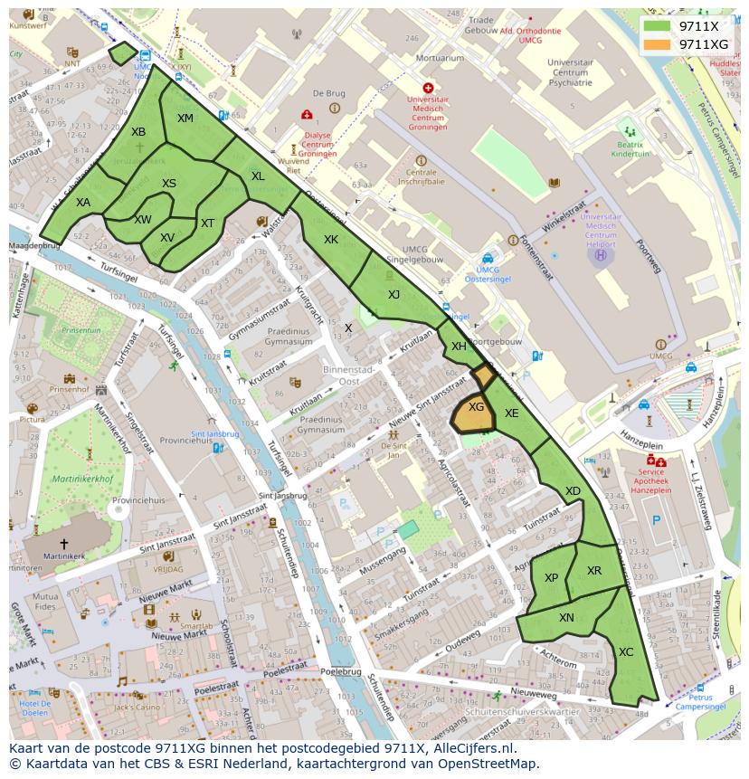 Afbeelding van het postcodegebied 9711 XG op de kaart.