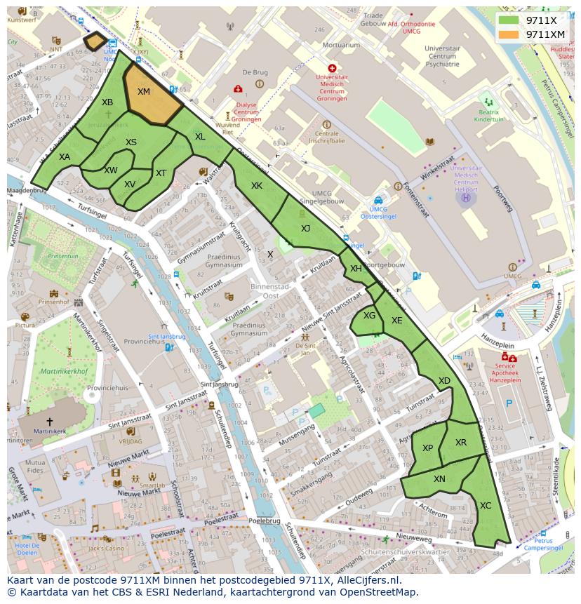 Afbeelding van het postcodegebied 9711 XM op de kaart.