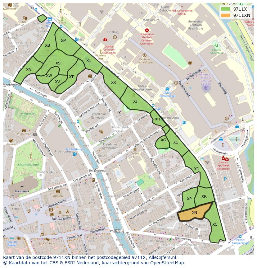 Afbeelding van het postcodegebied 9711 XN op de kaart.