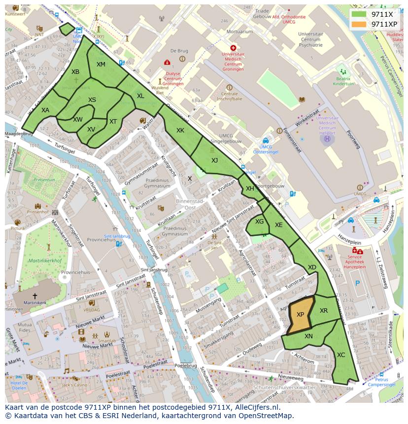 Afbeelding van het postcodegebied 9711 XP op de kaart.