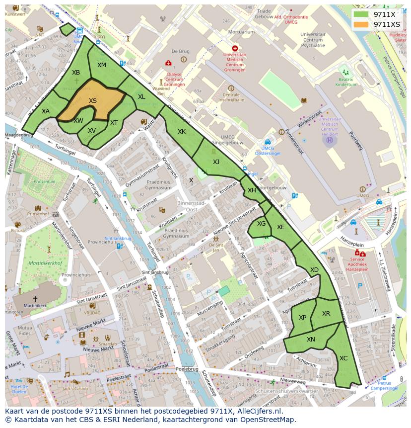 Afbeelding van het postcodegebied 9711 XS op de kaart.