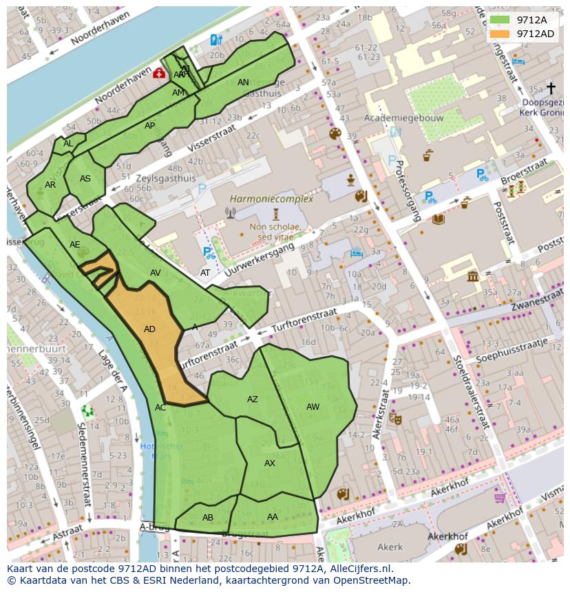 Afbeelding van het postcodegebied 9712 AD op de kaart.