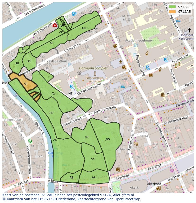 Afbeelding van het postcodegebied 9712 AE op de kaart.