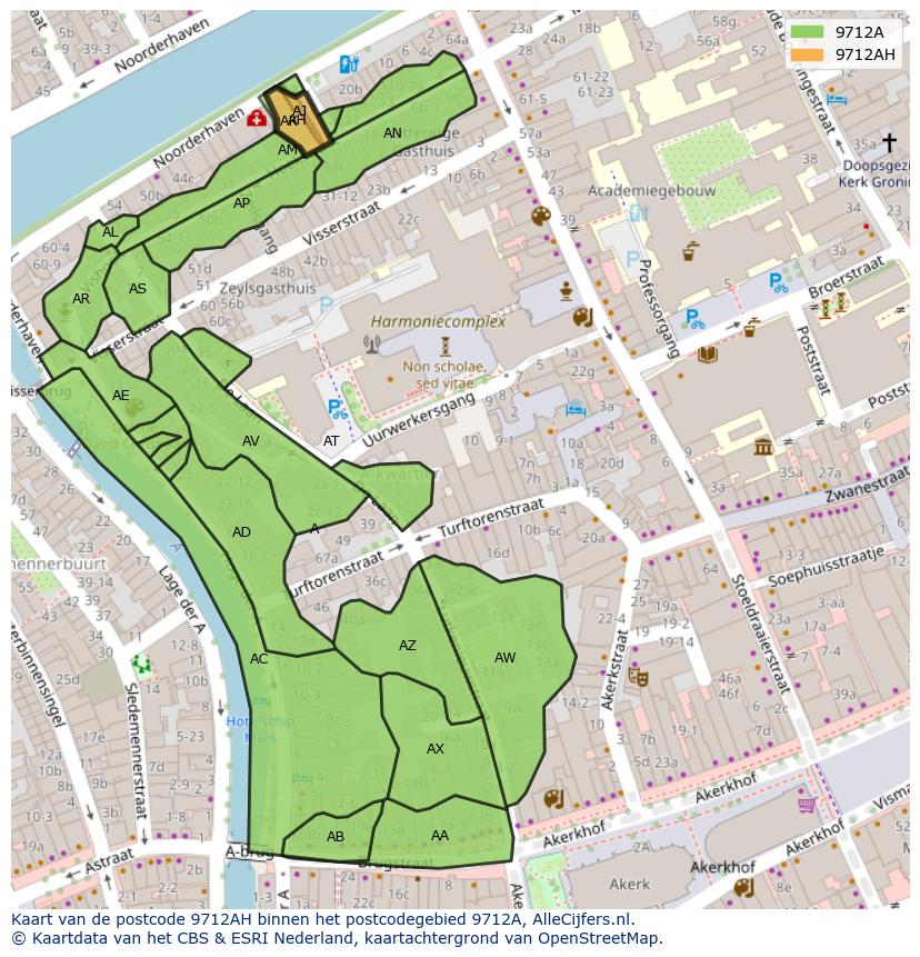 Afbeelding van het postcodegebied 9712 AH op de kaart.