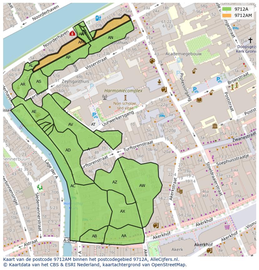 Afbeelding van het postcodegebied 9712 AM op de kaart.