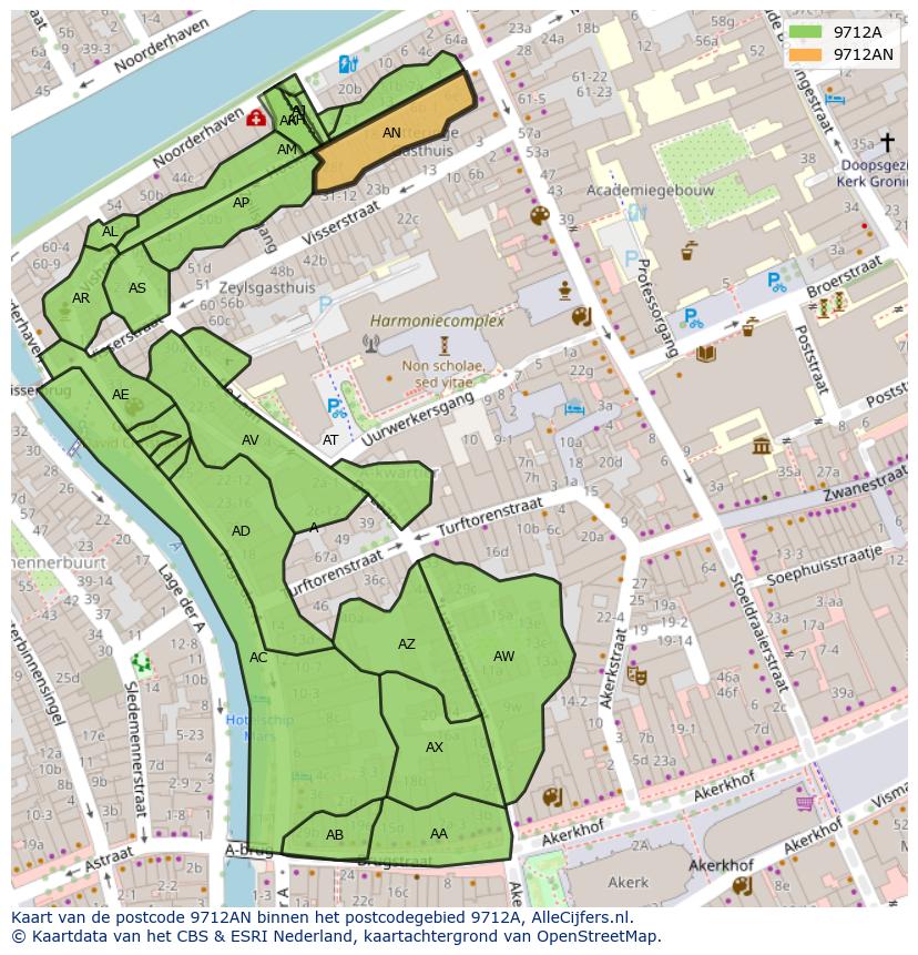 Afbeelding van het postcodegebied 9712 AN op de kaart.