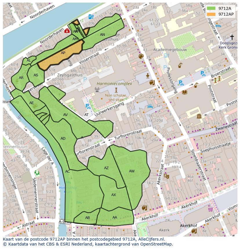 Afbeelding van het postcodegebied 9712 AP op de kaart.