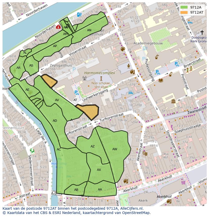 Afbeelding van het postcodegebied 9712 AT op de kaart.