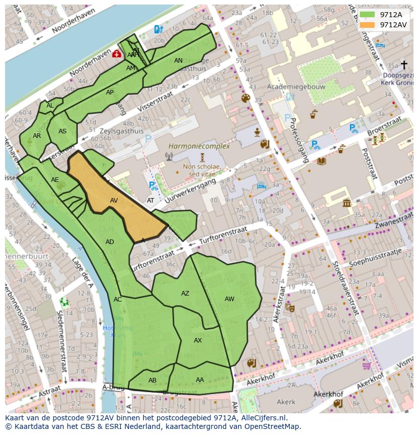 Afbeelding van het postcodegebied 9712 AV op de kaart.
