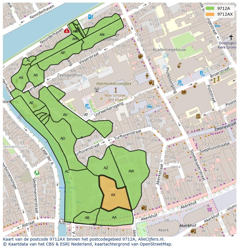 Afbeelding van het postcodegebied 9712 AX op de kaart.