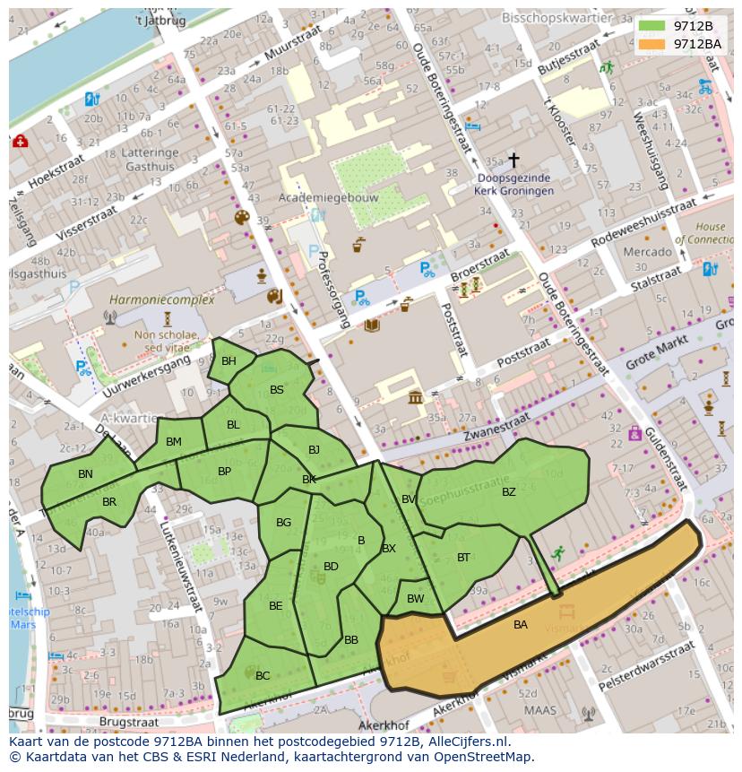 Afbeelding van het postcodegebied 9712 BA op de kaart.