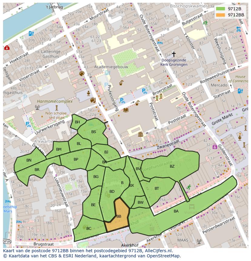 Afbeelding van het postcodegebied 9712 BB op de kaart.