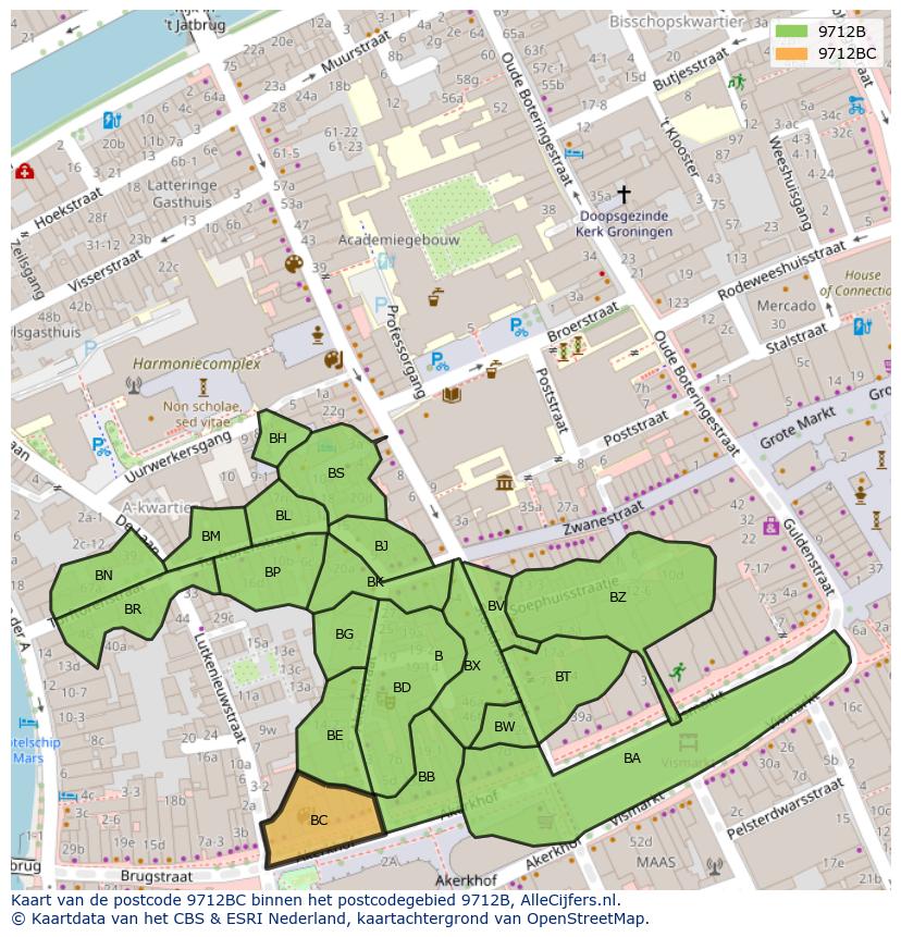 Afbeelding van het postcodegebied 9712 BC op de kaart.