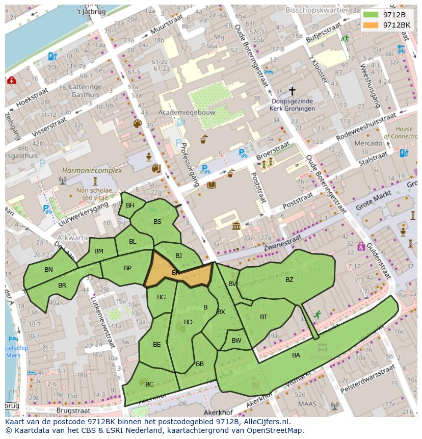 Afbeelding van het postcodegebied 9712 BK op de kaart.