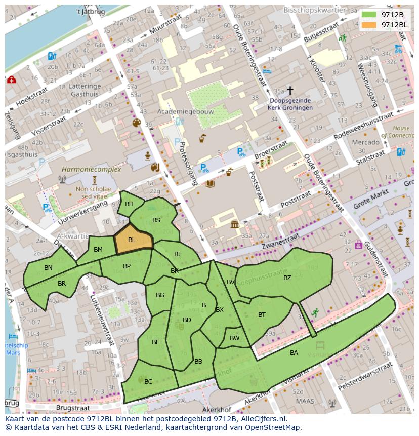 Afbeelding van het postcodegebied 9712 BL op de kaart.