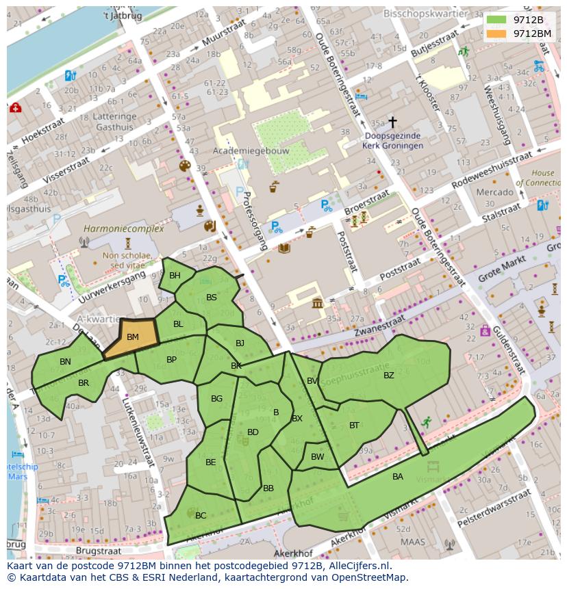 Afbeelding van het postcodegebied 9712 BM op de kaart.