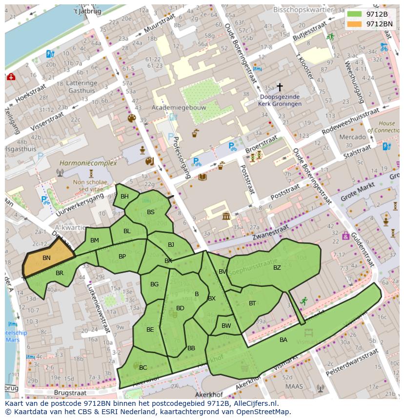 Afbeelding van het postcodegebied 9712 BN op de kaart.