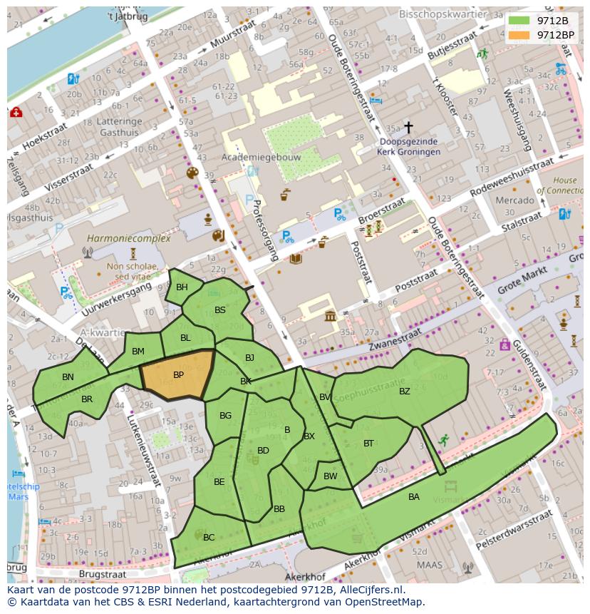 Afbeelding van het postcodegebied 9712 BP op de kaart.