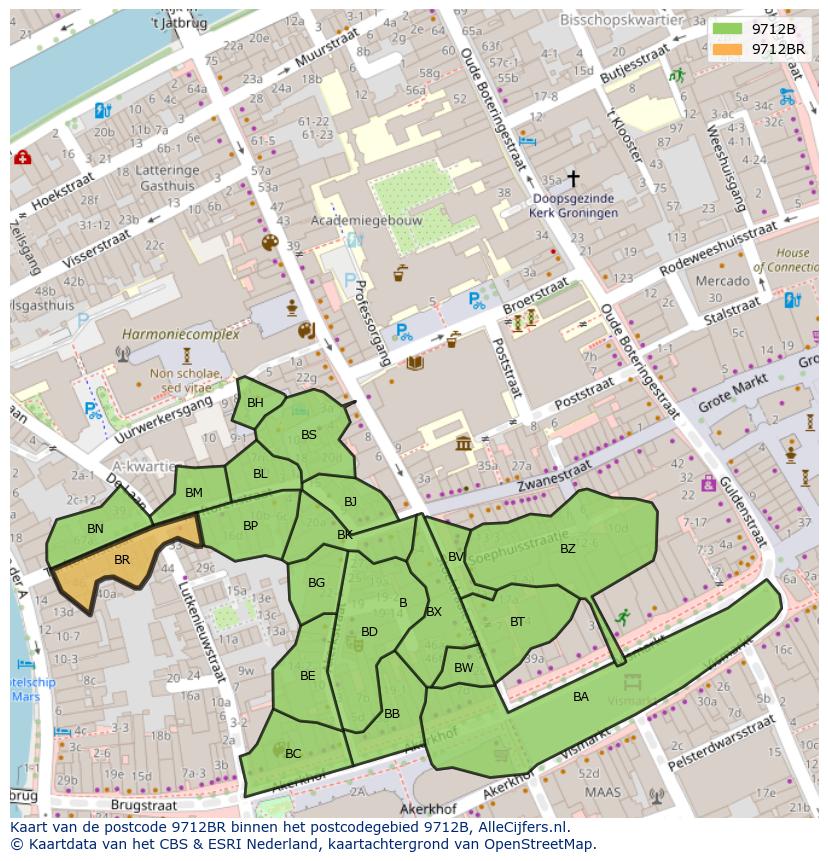 Afbeelding van het postcodegebied 9712 BR op de kaart.