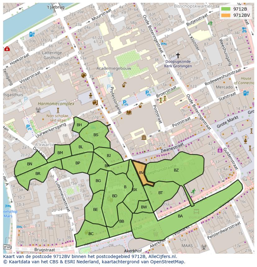 Afbeelding van het postcodegebied 9712 BV op de kaart.
