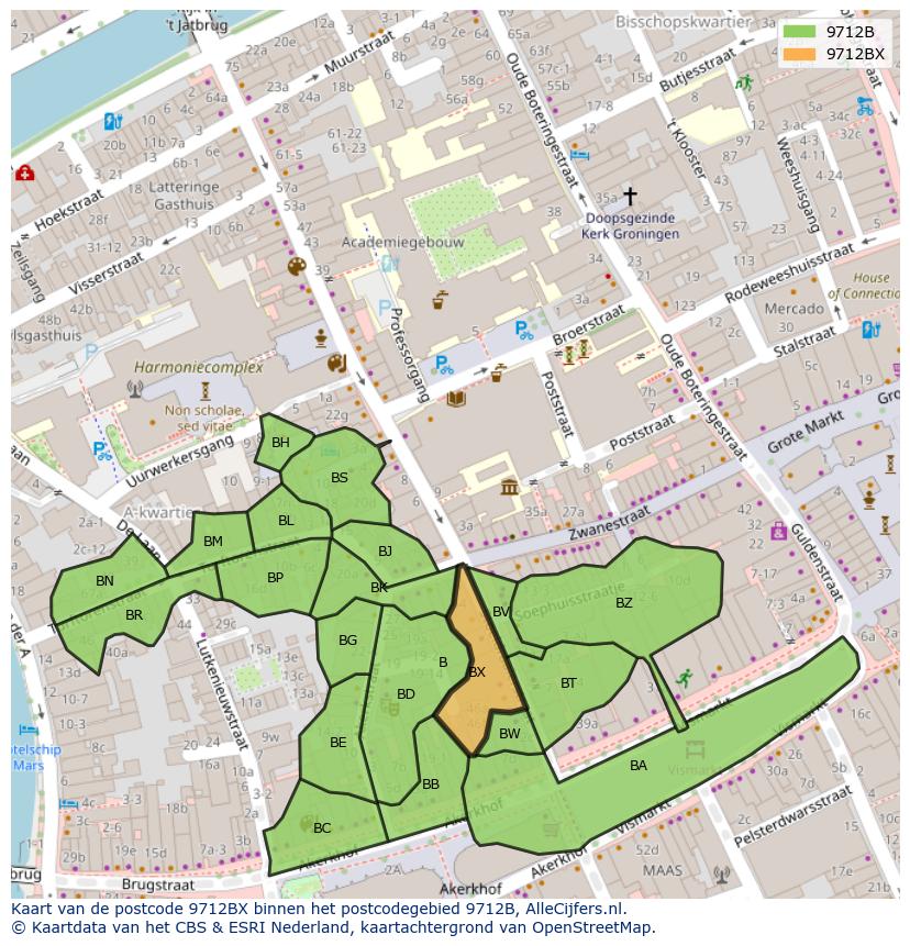 Afbeelding van het postcodegebied 9712 BX op de kaart.