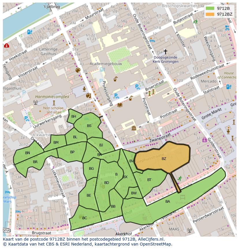 Afbeelding van het postcodegebied 9712 BZ op de kaart.