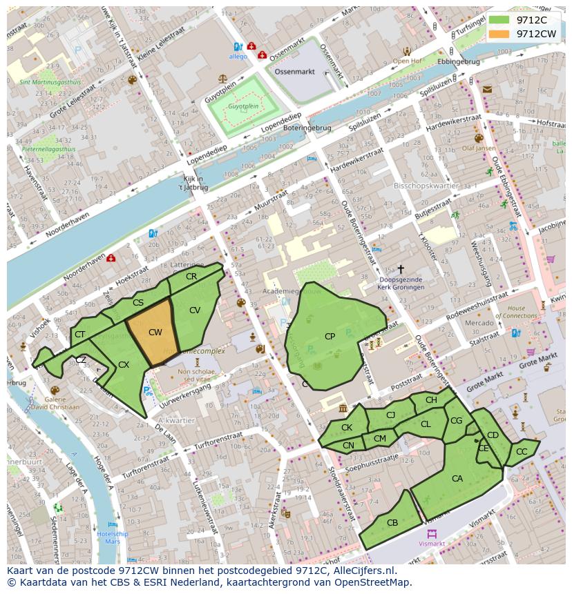Afbeelding van het postcodegebied 9712 CW op de kaart.