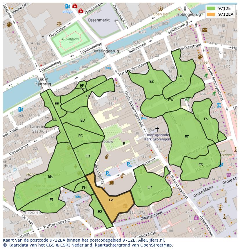 Afbeelding van het postcodegebied 9712 EA op de kaart.