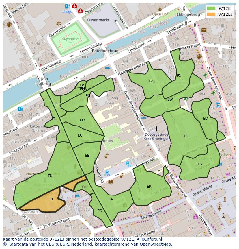 Afbeelding van het postcodegebied 9712 EJ op de kaart.