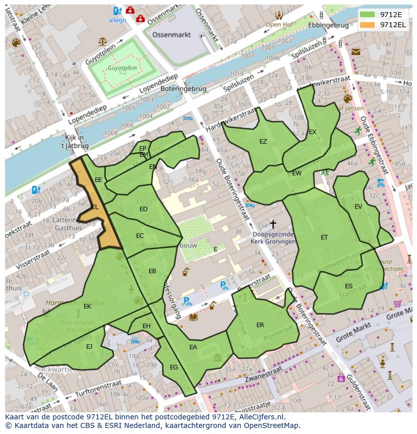 Afbeelding van het postcodegebied 9712 EL op de kaart.