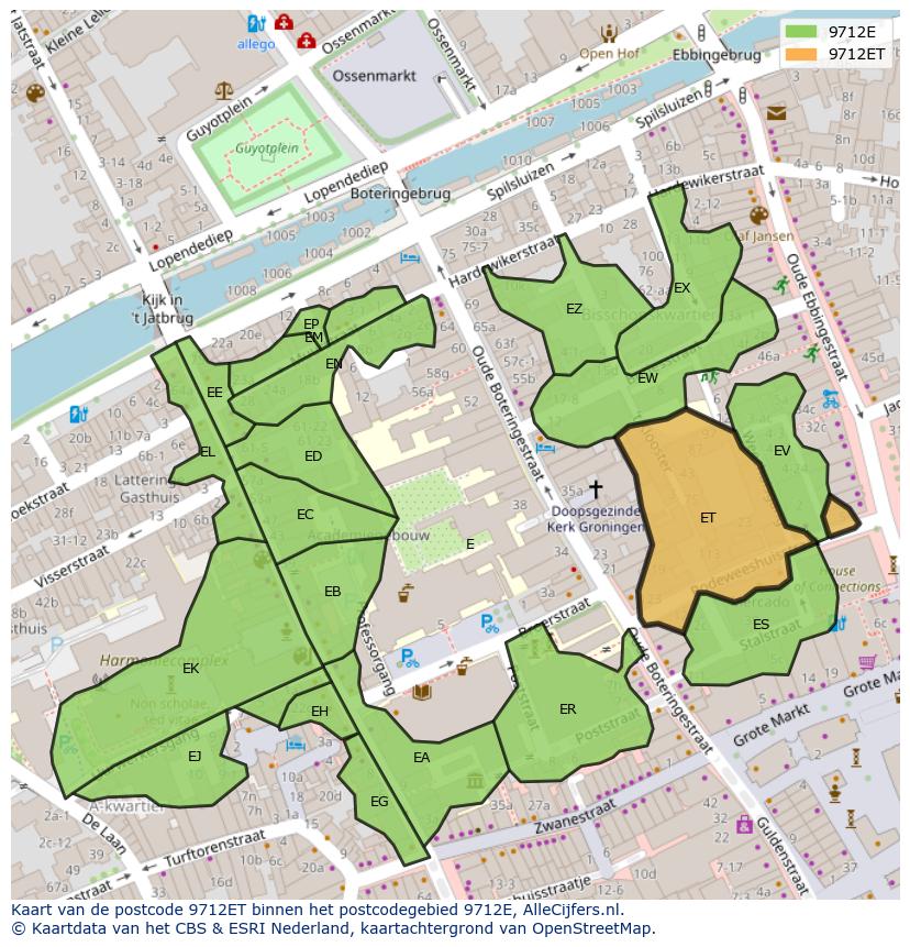 Afbeelding van het postcodegebied 9712 ET op de kaart.