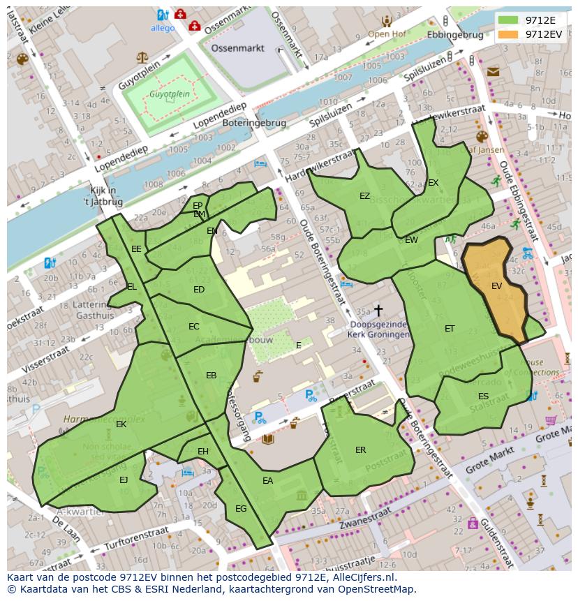 Afbeelding van het postcodegebied 9712 EV op de kaart.