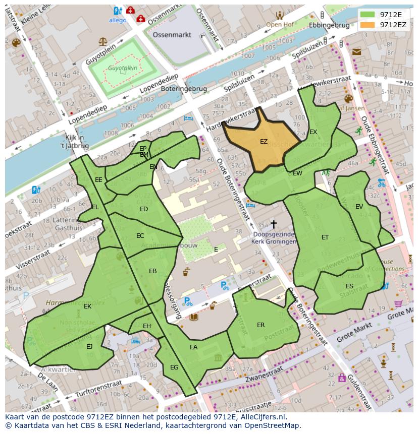 Afbeelding van het postcodegebied 9712 EZ op de kaart.