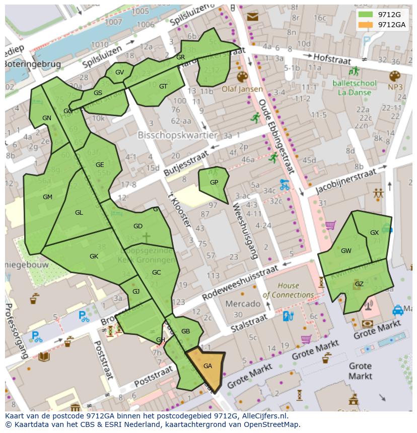 Afbeelding van het postcodegebied 9712 GA op de kaart.