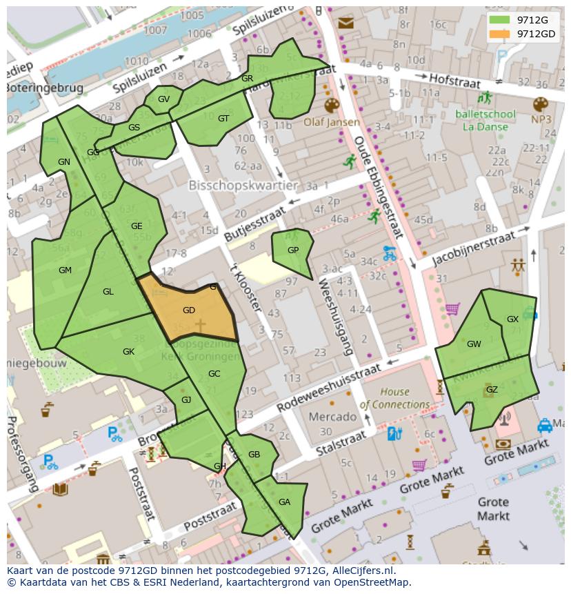 Afbeelding van het postcodegebied 9712 GD op de kaart.