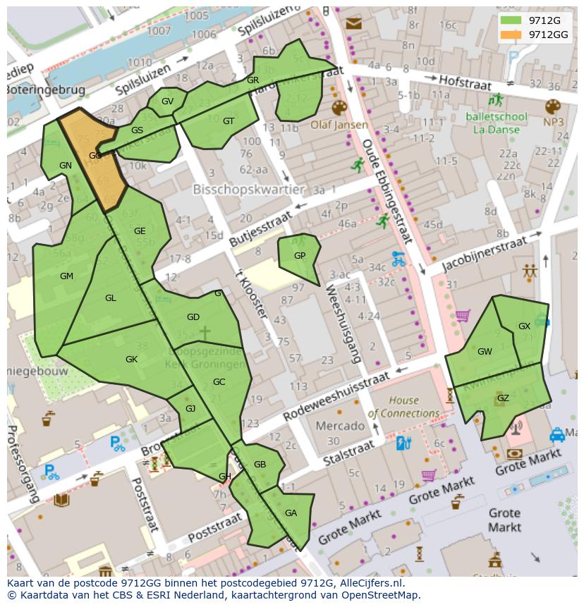 Afbeelding van het postcodegebied 9712 GG op de kaart.