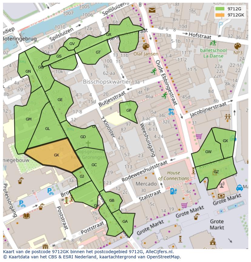 Afbeelding van het postcodegebied 9712 GK op de kaart.