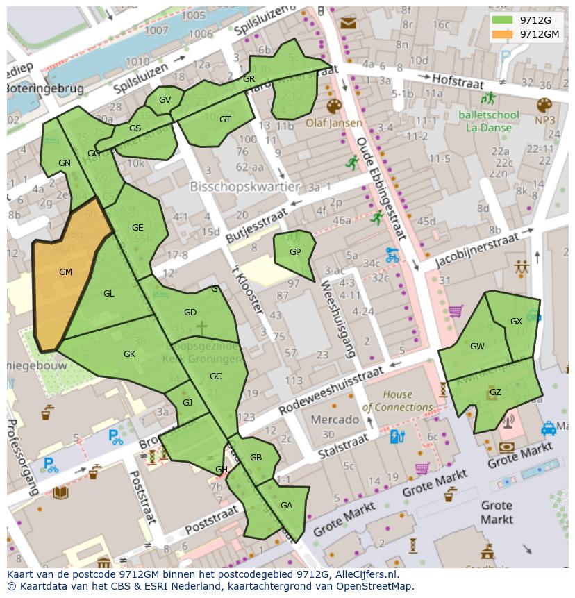Afbeelding van het postcodegebied 9712 GM op de kaart.