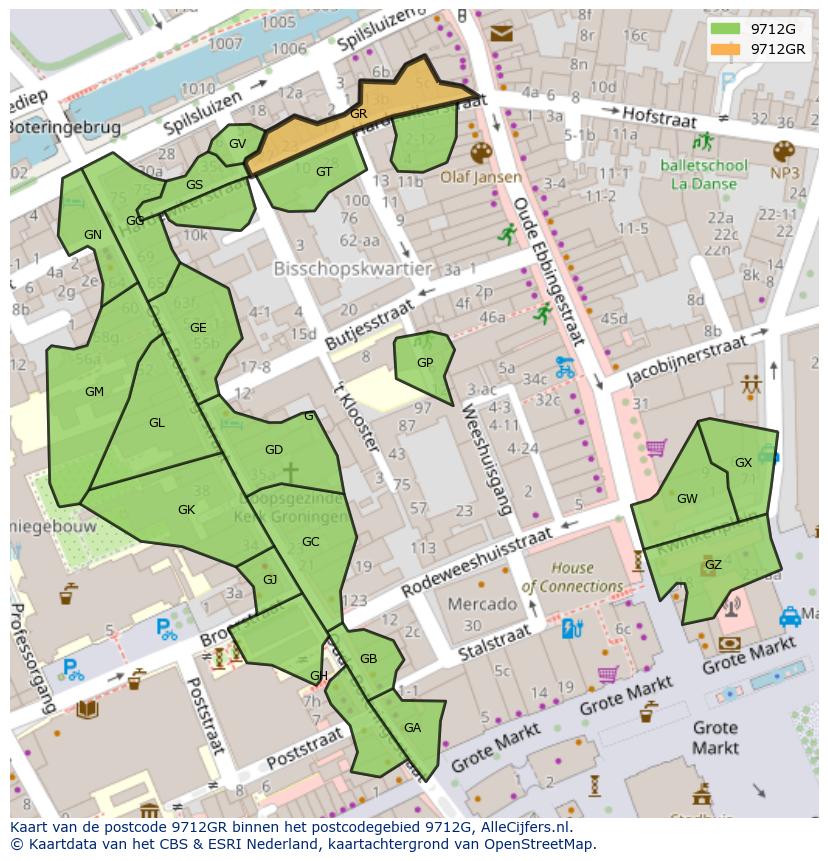 Afbeelding van het postcodegebied 9712 GR op de kaart.