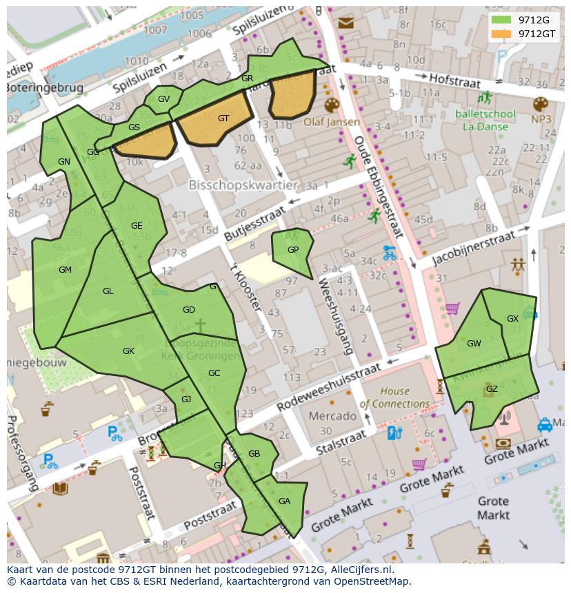 Afbeelding van het postcodegebied 9712 GT op de kaart.