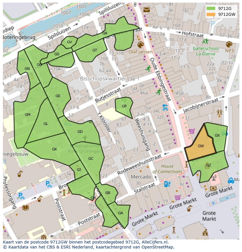 Afbeelding van het postcodegebied 9712 GW op de kaart.