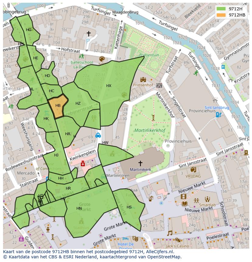 Afbeelding van het postcodegebied 9712 HB op de kaart.